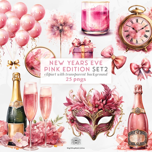Pink New Years Eve Clipart Set 2 | Happy New Year Clipart | Pink Party Clipart Set | Anniversary Card Making Pink PNG | Pink New Years Decor