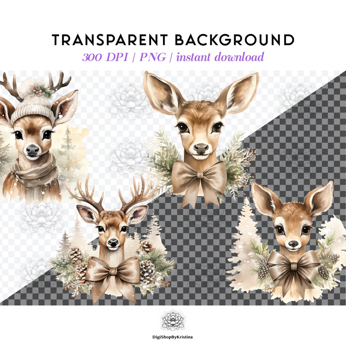 Cute Boho Christmas Reindeer Clipart Beige Watercolor - Etsy