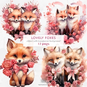 Süße Valentinstag-Füchse-Paar-Cliparts | Valentinstag Clipart Süße Tiere | Aquarell Fuchs mit Herzen | Schöne rosa Füchse Clipart PNGs