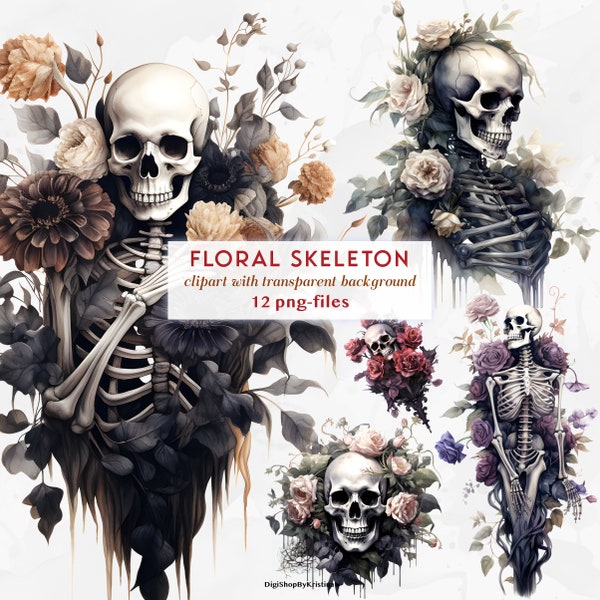 Floral Skeleton Clipart Set | Halloween Skeleton Victorian Style PNGS | Skulls and Flowers Clipart | Halloween Skulls Transparent Background