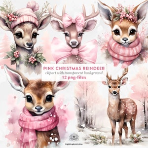 Pink Weihnachts-Rentier-Clipart | Pink Aquarell Weihnachten | Mädchenhafte Weihnachten | Süße Weihnachtstiere Clipart | Rosa Winter ClipArt
