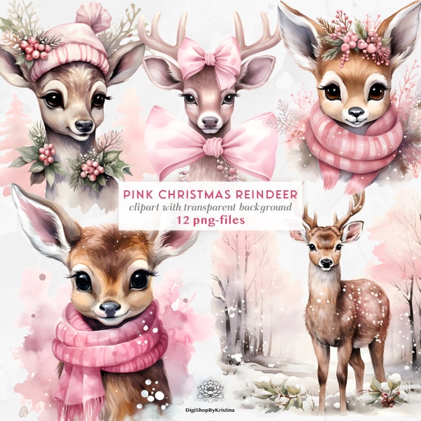 Cute Pink Christmas Reindeer Clipart | Pink Watercolor Christmas | Girly Christmas | Cute Christmas Animals Clipart | Pink Winter Clip Art