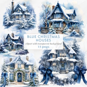 Blaue Weihnachtshäuser Clipart | Blau Aquarell Weihnachten | Girly Weihnachten PNG | Winterwunderland Landschaft Clipart | Blauer Winter PNG
