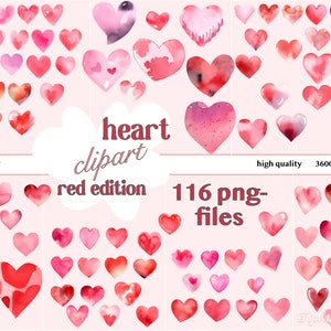 116 rote und rosa Aquarell-Clipart-Herzen, Liebe Clipart, Valentinstag Muttertag PNG-Dateien, sofortiger Download, kommerzielle Nutzung