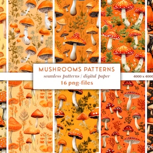 Nahtloses Muster mit Herbstpilzen | Digitales Papier Pilze | Pilze Orange Paper download | Endloser Hintergrund mit Pilzmotiv in Orange PNGs