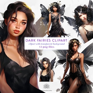 Dark Fairy: Woman Edition Clipart | Black Fairies Clipart Halloween Illustrations | Fairy PNGs transparent Background | Fairy  Clipart B1001