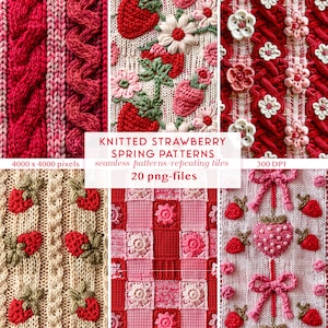 3D gestrickte Erdbeere nahtlose Muster | Faux-Strick-Wiederholungsmuster Ostern | gestrickt Digitales Papier PNGs | Florales Frühlingsmuster
