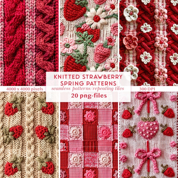 3D Knitted Strawberry Seamless Patterns | Faux Knit Repeating Pattern Spring | Knitted Texture Digital Paper | Spring Cottagecore Pattern