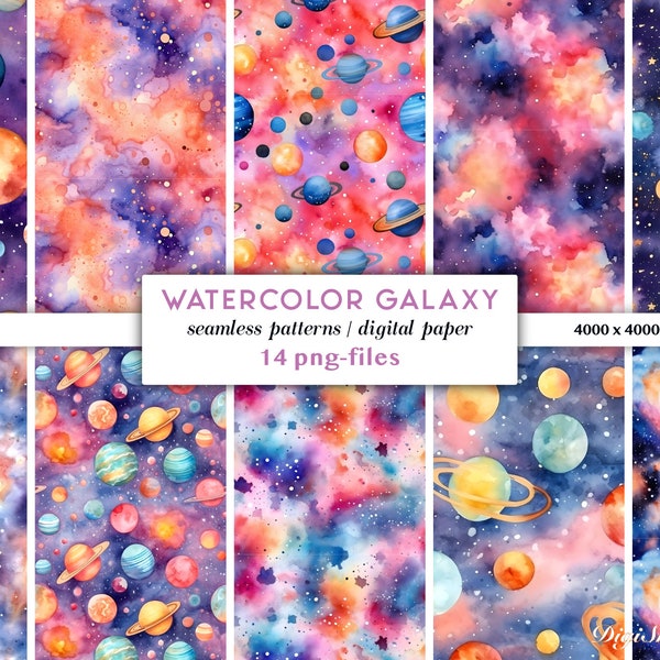 Watercolor Galaxy Digital Paper | Seamless Pattern Galaxy Themed | Stars Planets Milkyway Patterns | Astrology Pattern Collection|Star Print
