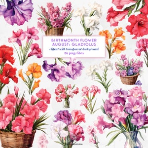 Mois de naissance fleur août : Glaïeul fleur Clipart ensemble | Fleur de glaïeul aquarelle PNGs | Fleur de naissance Glaïeul August Flower Set Télécharger
