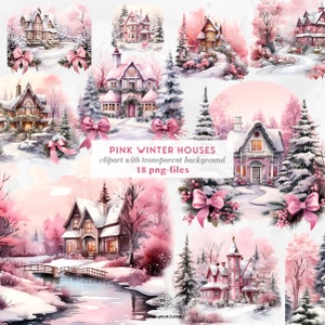 Imágenes prediseñadas de casas de Navidad rosa / Paquete de Navidad de acuarela rosa / Navidad femenina PNG / Imágenes prediseñadas de paisaje del país de las maravillas de invierno / PNG de invierno rosa