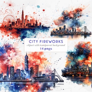 Clipart de feu d’artifice de la ville | Clipart du Nouvel An | Feu d’artifice aquarelle PNG sur la ville | Bonne année graphiques 2024 Clipart téléchargement numérique