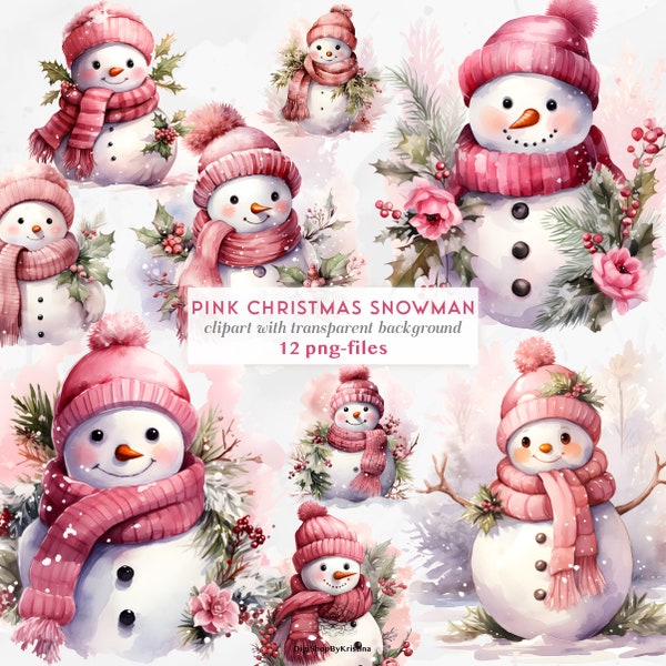 Cute Pink Christmas Snowman Clipart | Pink Watercolor Christmas | Girly Christmas | Cute Christmas Clipart Pink Winter Clip Art Set Snowman