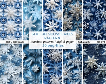 3D Abstract Blue Snowflakes Digital Papers | Blue Christmas Seamless Pattern | Download Papers 3D Textures like Embroidery, Knits & more