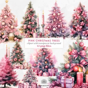 Roze kerstbomen clipart | Roze kerst clipart | Girly kerst PNG's | Kerstboom PNG | Roze feestelijke clipart | Winter-illustraties
