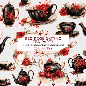 Red Rose Gothic Tea Party Clipart Set | Porcelain Tea Set PNG Images | Party Invitation Clipart Black And Red Clipart Set TEA Download B1001