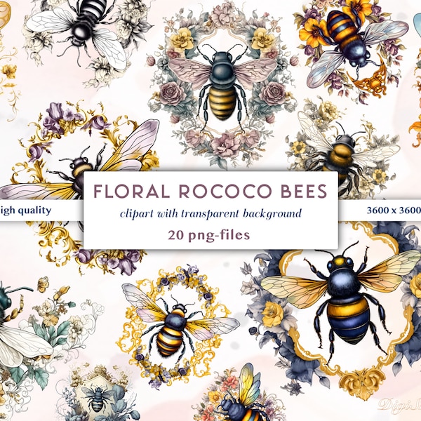 Bee Clipart Floral Rococo Bees PNG files | Antique Clipart Bees | Bumblebee Clipart File | Pretty Bee Clipart | Baroque Bees PNG Renaissance
