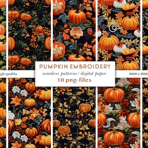 Kürbis Stickerei Nahtloses Muster 10 PNGs | Wiederholendes Digitales Papier bestickt Halloweenkürbis | Nahtlose Stickdatei Sublimation Datei