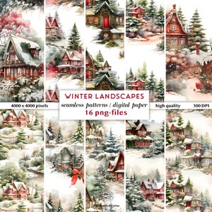 Carte digitali con paesaggi natalizi / Mix di modelli senza cuciture natalizi / Modello senza cuciture Winter Wonderland / Carta da regalo natalizia digitale