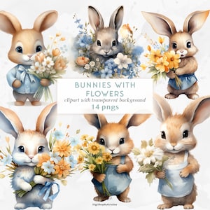 Cute Easter Bunny holding Flowers Clipart | Watercolor Bunnies PNGs transparent Background | Cute Bunny with Flower Clipart | Easter Clipart