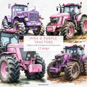 Rosa Aquarell Traktor Clipart | Bauernhof-Traktor PNG | Bauernhof Clipart | Lila Traktor Rosa Kinderzimmer Dekor | Traktor Sublimation PNG