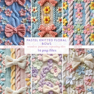 Motif 3D sans couture de noeuds floraux tricotés | Motif répétitif en faux tricot de Pâques | Pâques papier numérique PNG | Motif floral printanier Cottagecore