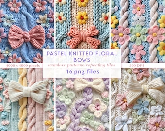 3D Knitted Floral Bows Seamless Pattern | Faux Knit Repeating Pattern Easter | Easter Digital Paper PNGs | Floral Spring Cottagecore Pattern