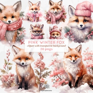 Clipart di volpe di Natale rosa carina / Volpe di Natale acquerello rosa / Natale per ragazze / Clipart di animali di Natale carini / ClipArt di inverno rosa