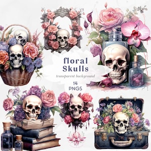 Floral Skeleton Clipart Set | Halloween Skeleton Victorian Style PNG | Skulls Flowers Clipart | Halloween Skull  PNGs Transparent Background