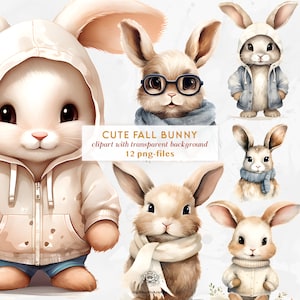Niedliche kleine Hasen Clipart Set | Aquarell Hase Pngs | Herbsttiere Clipart | Herbsthase mit Schal | Entzückende Hasen mit Hoodie Clipart