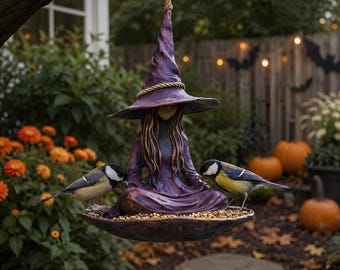 Fantazyjny wiszący karmnik dla ptaków w kształcie czarownicy, dekoracja ogrodu na Halloween, tacka na nasiona dla ptaków na zewnątrz