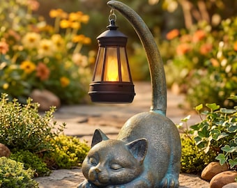 Cat Garden Lantern Statue Outdoor Solar Light Patio Yard Decor Gift