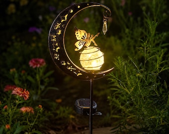 Solar Moon Fairy Garden Stake Light, Iron Crescent Outdoor Yard Pathway Lawn Decor
