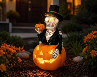 Solarna dynia-szkielet na Halloween, dekoracja ogrodowa Jack O Lantern na werandę