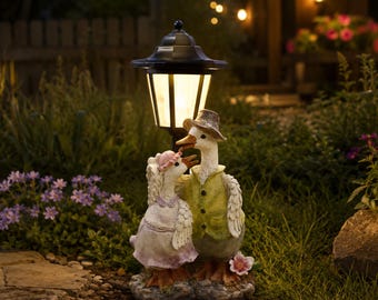 Solar Duck Couple Garden Light, Resin Goose Statue Outdoor Yard Patio Flower Bed Decor