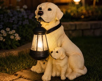 Solar Dog Lantern Statue, Mother Puppy Outdoor Yard Decor, Resin Garden Light