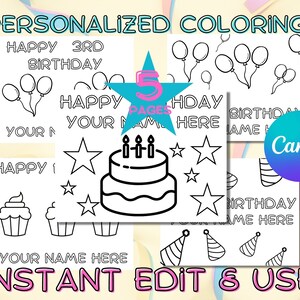 Personalized Editable Happy Birthday Coloring Pages for 3-5 Year Old, Instant Download Happy Birthday Coloring Activities for Preschoolers