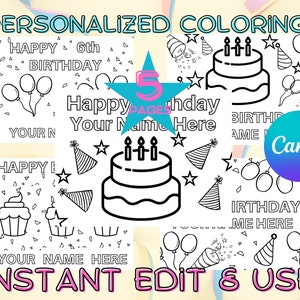 Personalized Editable Happy Birthday Coloring Pages for 5-7 Year Old, Instant Download Happy Birthday Coloring Activities for Preschoolers