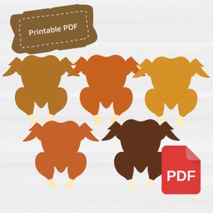 Może przedstawiać: Cyfrowa ilustracja przedstawiająca pięć grafik pieczonego indyka w odcieniach brązu i pomarańczy. Brązowy baner z napisem "Printable PDF" u góry i czerwona ikona PDF w prawym dolnym rogu. Odpowiedni na Święto Dziękczynienia.
