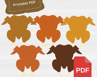 May include: A digital illustration featuring five roasted turkey graphics in shades of brown and orange. A brown banner with the text "Printable PDF" is at the top, and a red PDF icon is in the lower right corner. The image is suitable for Thanksgiving.