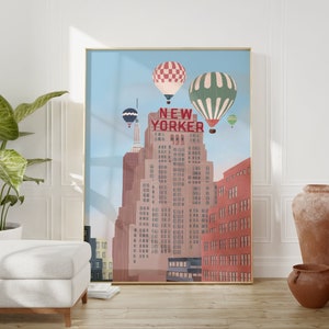 New York Illustration, New York Travel Art, Hot Air Balloons Wall Art, NY Travel Print, Vintage Travel Poster, New York Travel Poster