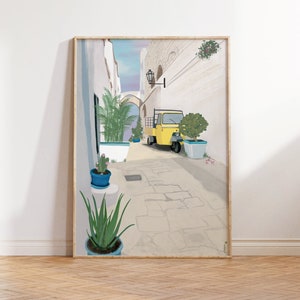 Pouilles, affiche de voyage des Pouilles, impression de voyage Italie, Illustration des Pouilles, impression de singe Piaggio, Art mural des Pouilles, Illustration Oldtimer, Art des Pouilles