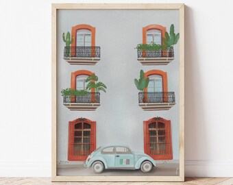 Oaxaca Mexico Print, Mexico Illustration Poster, Mexico Art Print, VW Beatle Illustration, Mexico Travel Print, Oaxaca Art, Mexico Drawing
