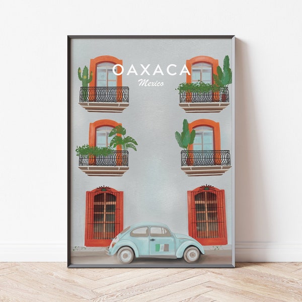 Mexico Art Print, Oaxaca Mexico Print, Mexico Illustration Poster, VW Beatle Illustration, Mexico Travel Print, Oaxaca Art, Mexico Drawing