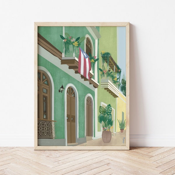 Puerto Rico Illustration, San Juan Print, Puerto Rico Wall Art, Puerto Rico Gift, Puerto Rican Flag Illustration, Latin America Poster