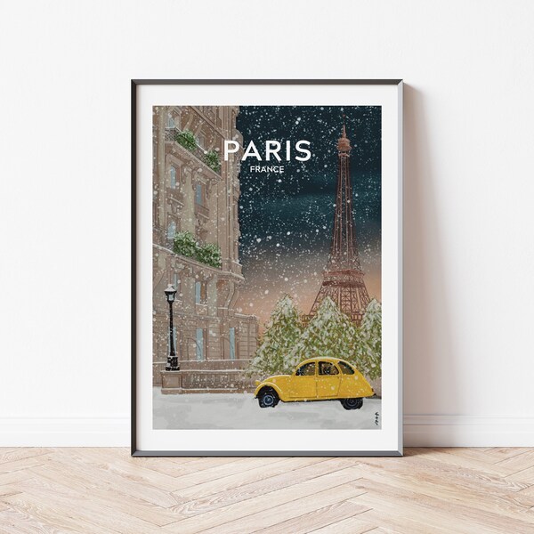 Paris in Winter Travel Poster Instant Download Christmas in Paris Print Eiffel Tower Print Vintage car Wall Art Paris Birthday Gift