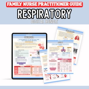 May include: A digital bundle for the Family Nurse Practitioner Guide, featuring respiratory health information. The image shows a tablet displaying pneumonia details, alongside printed sheets on tuberculosis and asthma. The text includes medical terminology and diagrams.