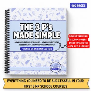 May include: A spiral-bound study guide titled The 3 P's Made Simple, featuring a light blue cover with medical icons. It includes sections on advanced pathophysiology, physical assessment, and pharmacology, plus a bonus exam cram section.