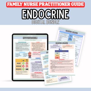 May include: A digital bundle for family nurse practitioners. The image features a tablet displaying a medical document about hypothyroidism, alongside several printed pages detailing diabetes mellitus. The text includes "Endocrine" and "Digital Bundle".