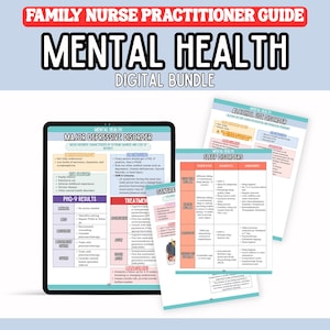 May include: A digital bundle titled "Mental Health" for family nurse practitioners. The image shows a tablet displaying information on major depressive disorder, along with printed sheets detailing alcohol use and sleep disorders. The bundle includes the text "Digital Bundle".